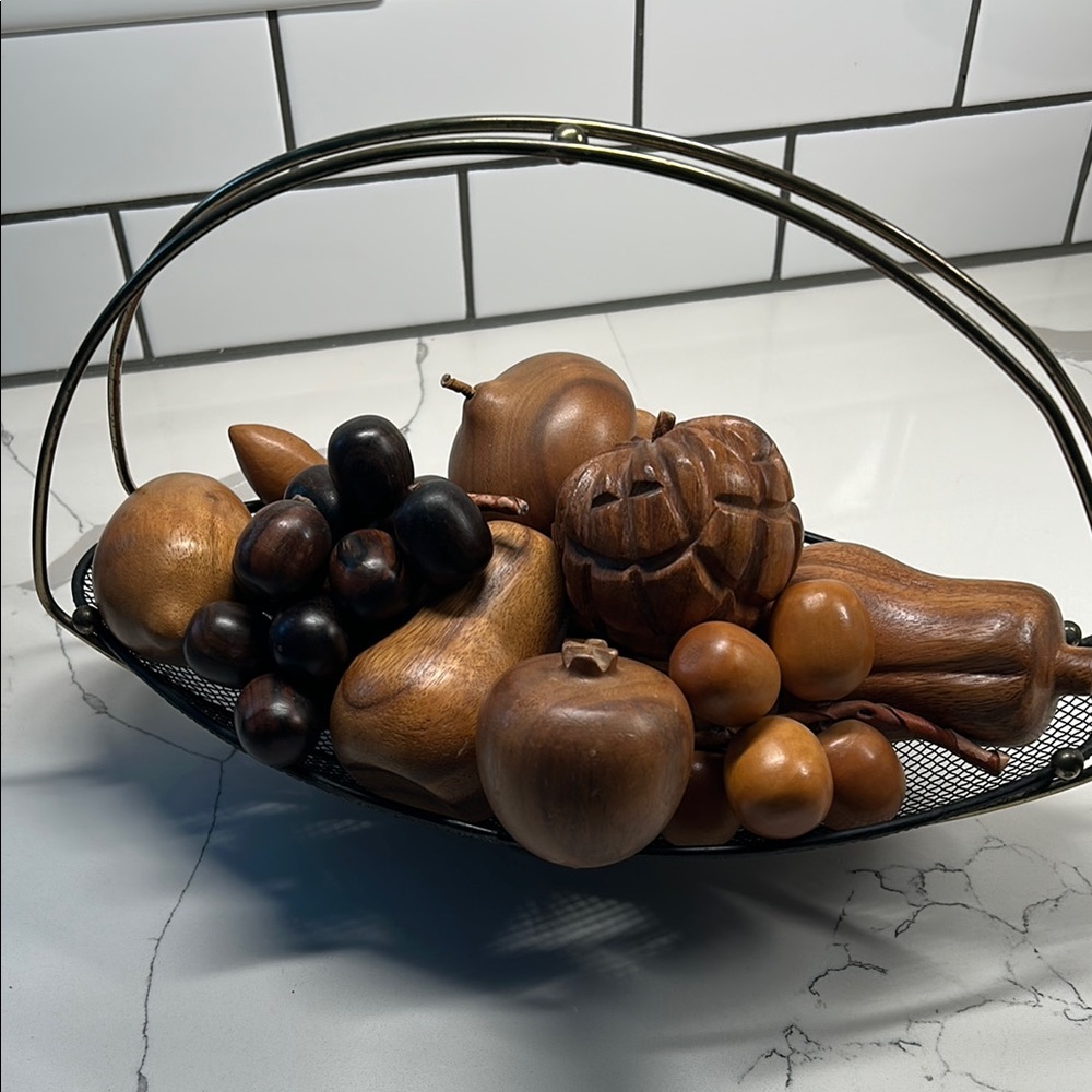 9+ piece Monkey Pod Wooden Fruit and vegetables in metal Basket